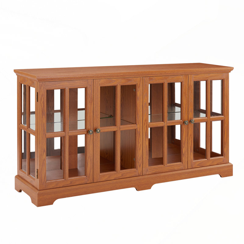 Vitrine classique en verre antique à 4 portes avec tablettes réglables, Chêne