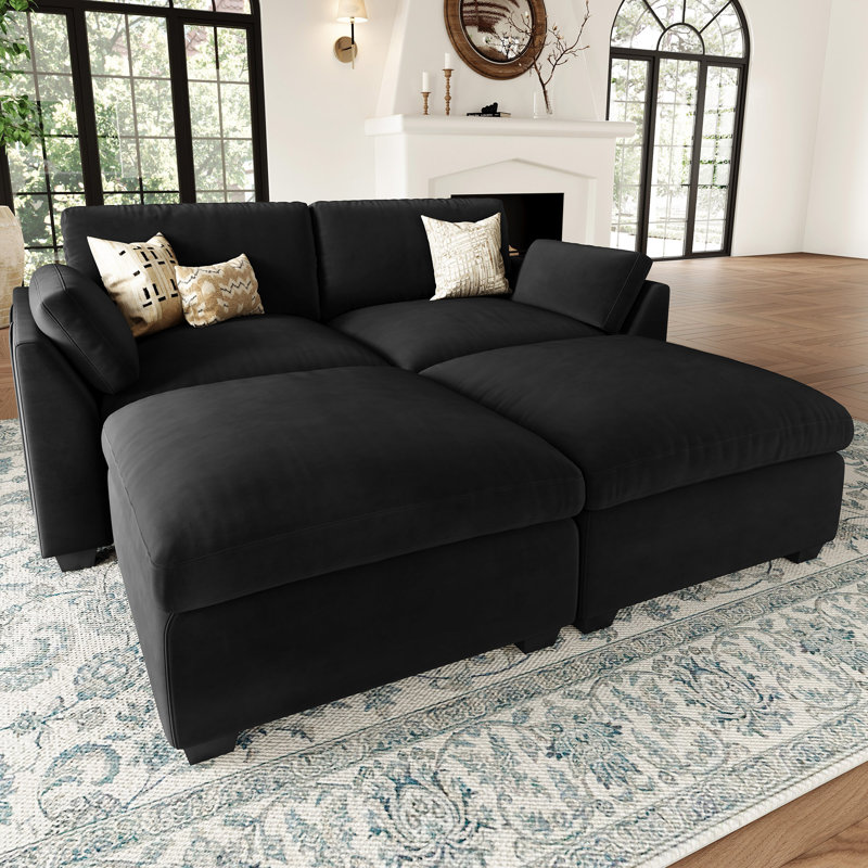 Velvet & Wide Short Plush Soft Modular Sofa Bed Apartment Sofa With Detachable Cushion Cover, Black Velvet
