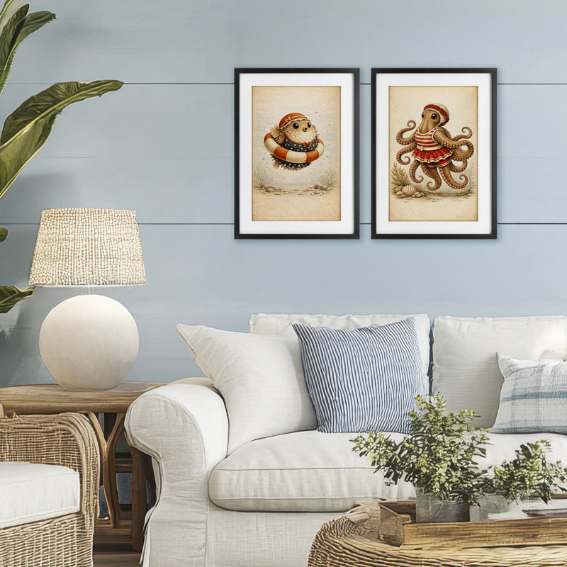 Ensemble de 2 reproductions sous-marines Vintage, 20 x 14, Cadre noir minuit sous verre