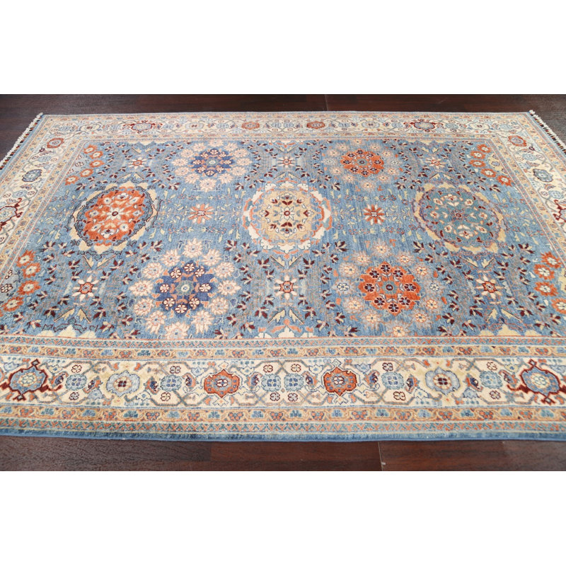 Tapis bleu en laine noué à la main de conception unique 5 pi 11 po x 8 pi 11 po Evey