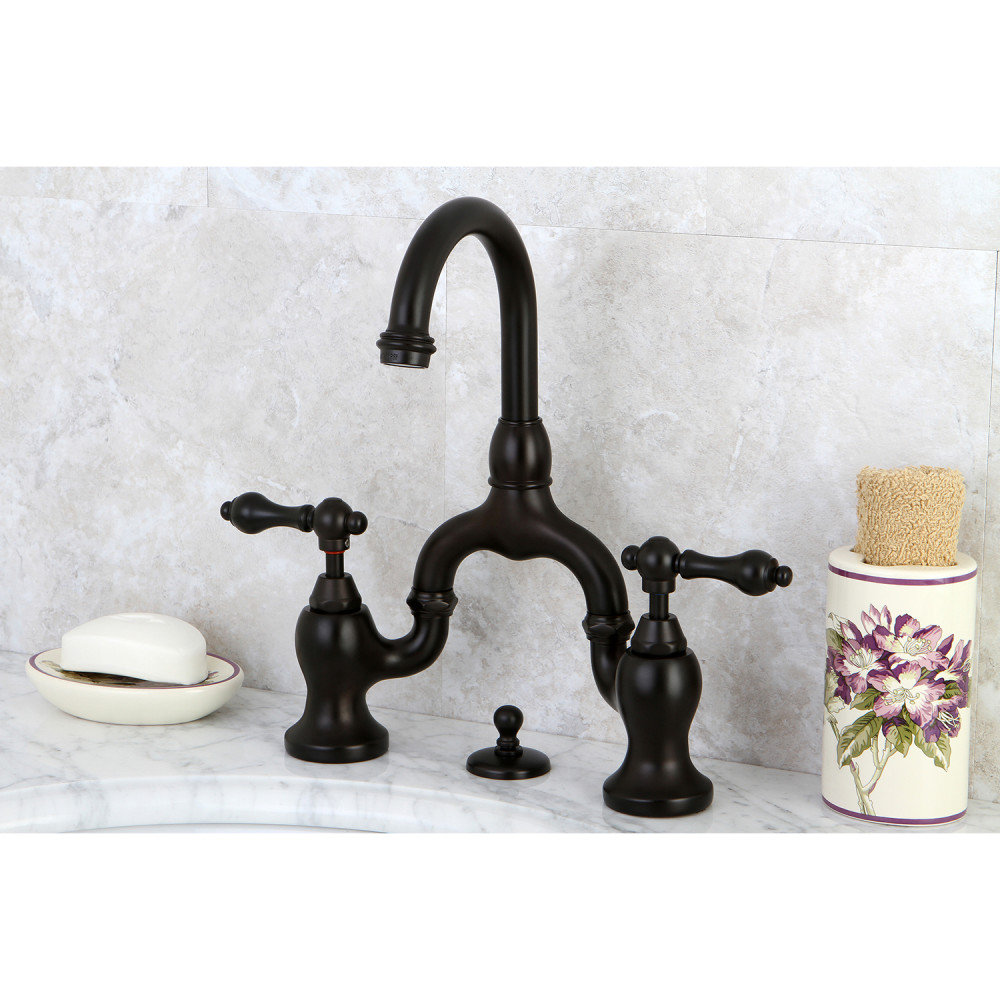 Kingston Brass English Country Two-Handle 3-Hole Deck Mount Bridge Bathroom Faucet with Brass Pop-Up, Oil Rubbed Bronze