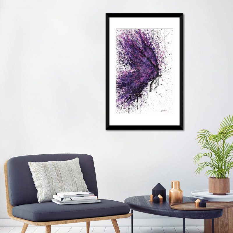 «Purple Sky Butterfly», impression sur toile, Papier avec cadre noir, H 32 po x l 24 po x P 1 po, Blanc