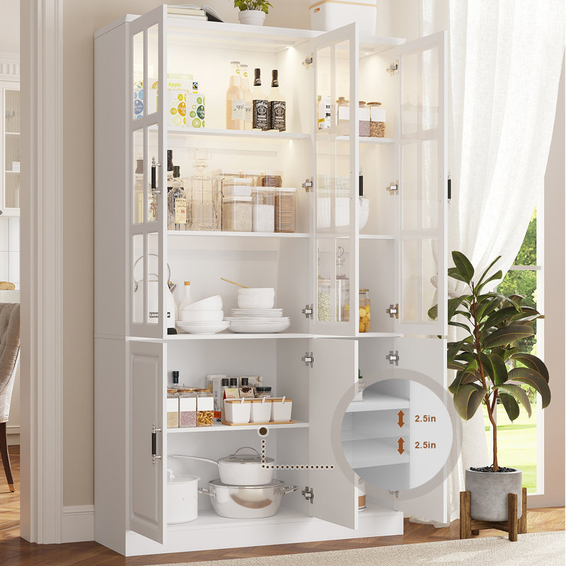 78.7" Tall Pantry Cabinet With Led Lights, Freestanding Kitchen Pantry With Glass Doors, Large Food Storage Cabinet, (47.2" W X 15.7" D)