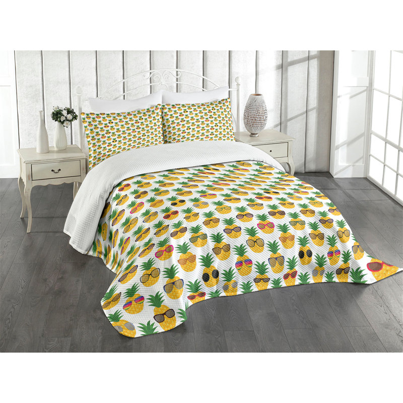 Ambesonne Tropical Bedspread Set Pineapples Sunglasses Multicolor, King Bedspread + 2 Standard Shams