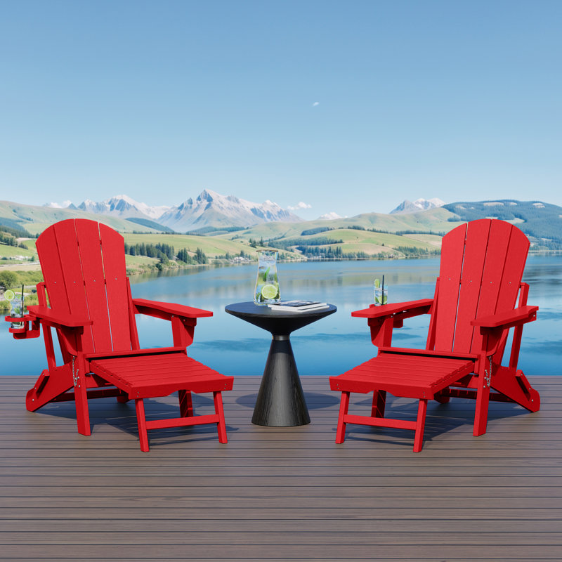 Laguna Outdoor Folding Adjustable Adirondack Chair With Cup Holder & Hideaway Ottoman (Set Of 2), Red