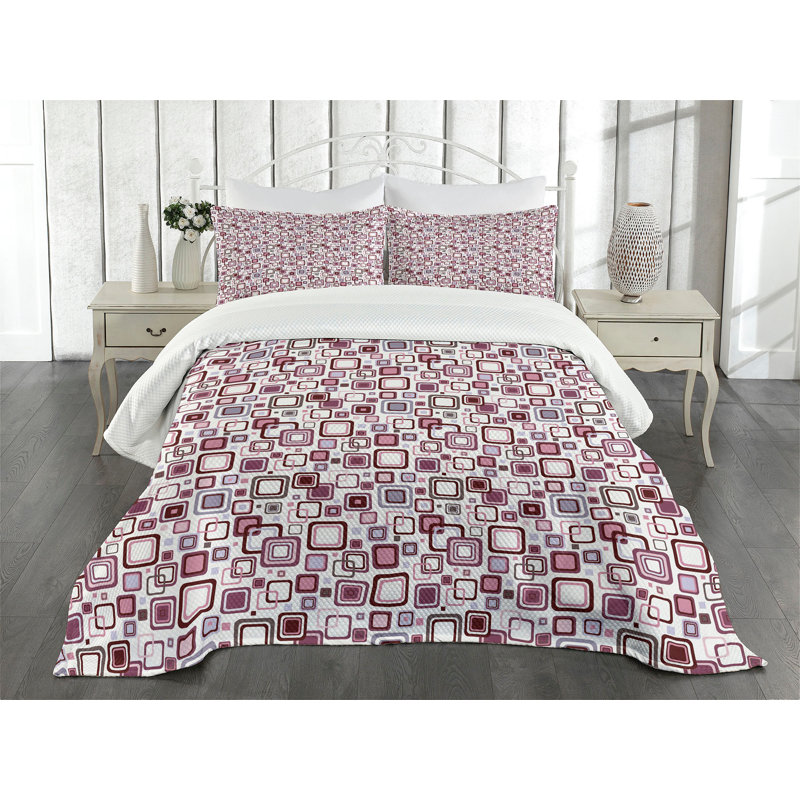 Ambesonne Geometric Bedspread Abstract Square Shape Brown Purple Grey, King Coverlet/Bedspread + 2 Pillow Shams