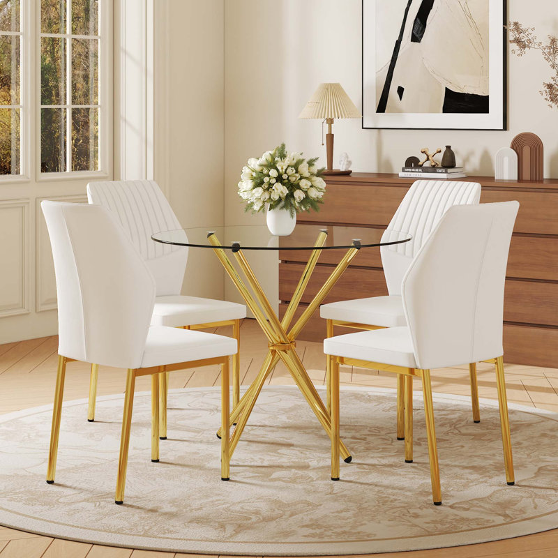 Ensemble de salle à manger 4 pièces avec table et chaises rondes en verre trempé - Style moderne et luxueux pour le salon et la cuisine