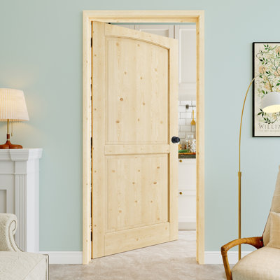 32" x 80" 2-Panel Pine Wood Interior Prehung Door with Round Knob and Black Hinges, Natural Pine Wood, Paintable & Waterproof, Suit for Laundry, Closet Doors, Room Doors, Left Hand