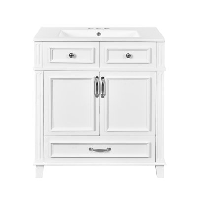 Meuble-lavabo de 30 po avec lavabo en céramique, armoire de rangement en bois massif avec portes à fermeture douce, style rétro, blanc