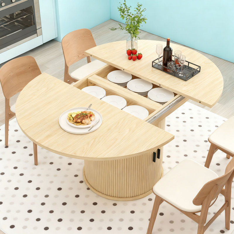 43.3''-63'' Extendable Round Dining Table For 4-6, Modern Farmhouse Expandable Dining Table With Wood Strip Base For Kitchen Living Room