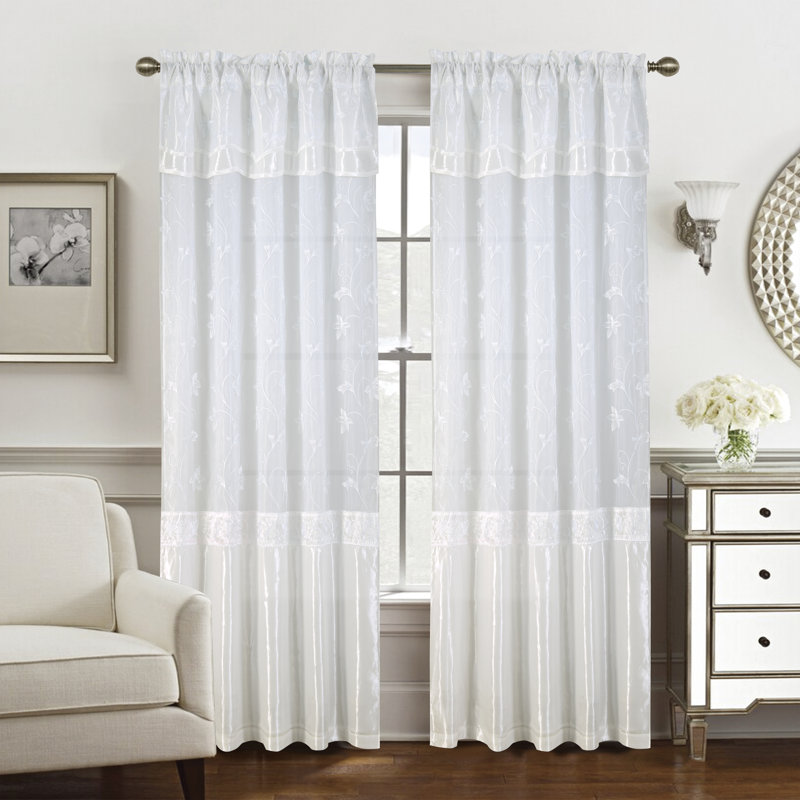 Dahal Embroidered Window Curtain Panel with Attached Valance, White