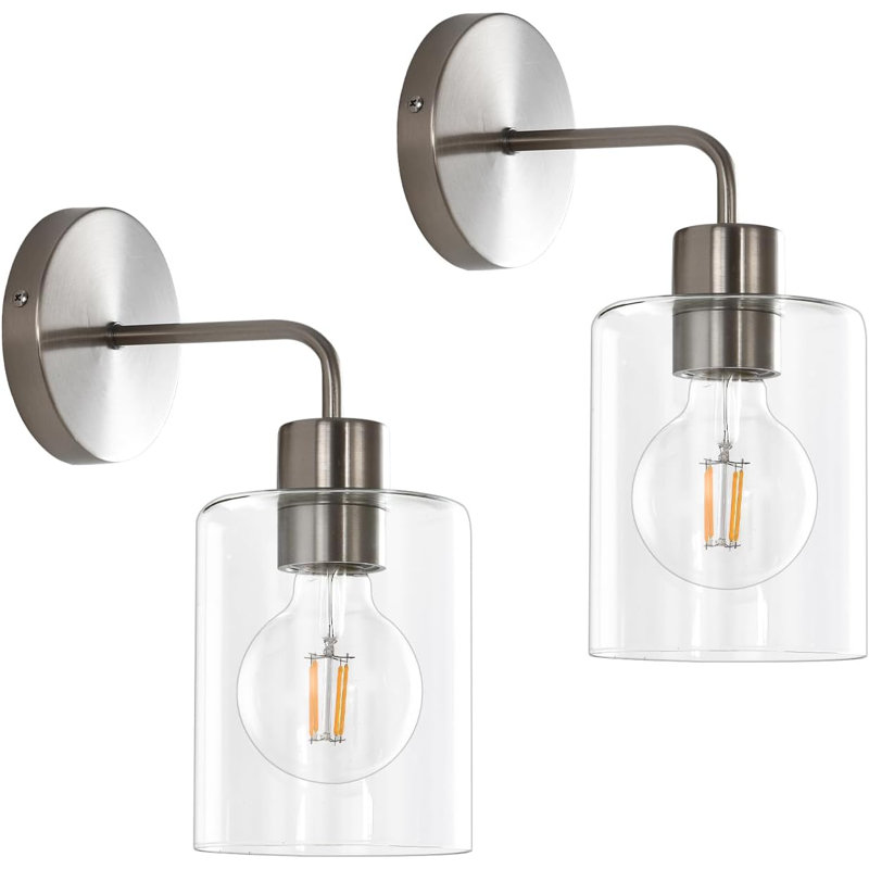 Modern Minimalist Wall Sconce With Clear Glass Shade, Brushed Nickel Finish, Up And Down Lighting For Bathroom, Bedroom, And Hallway
