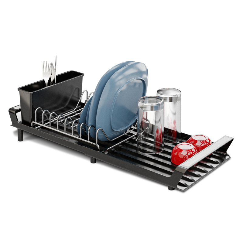 Home Zone Living Small Collapsible Dish Drying Rack with Angled Drain and Utensil Caddy