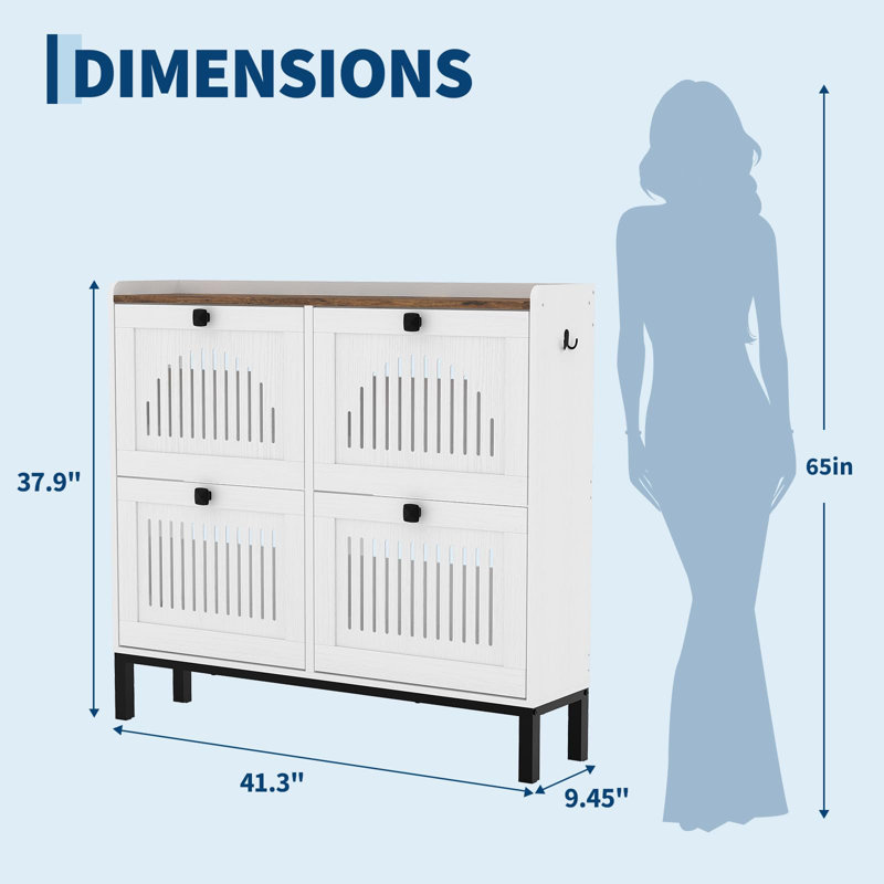 4-Door Flip Shoe Cabinet with Adjustable Shelves, Hidden Entryway Storage Organizer, Wooden Shoe Rack, White