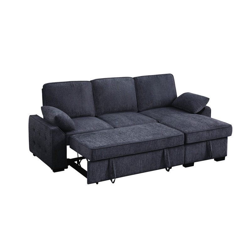91"W Chenille Fabric Reversible Sleeper Sectional With Storage Chaise, Drop-Down Table, Cup Holders And Charging Ports