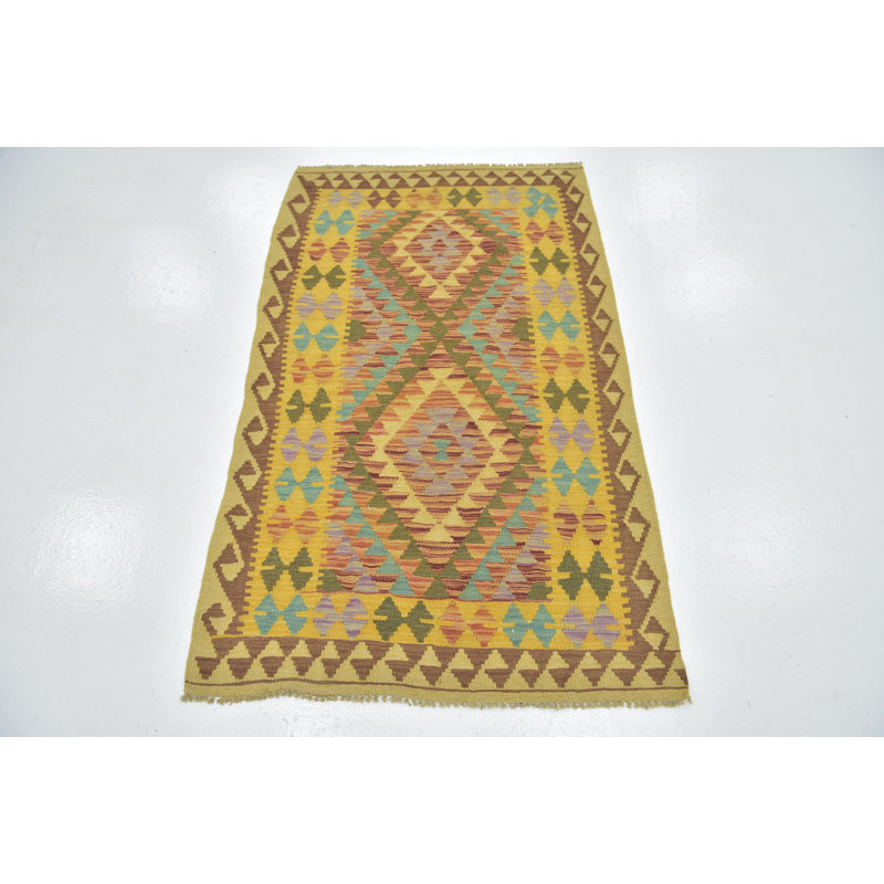 Tapis de zone en laine beige/brun/vert 3 pi 2 po x 5 pi 2 po one-of-kind à la main noué la Lorain