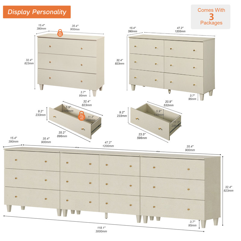 Commode large 3-en-1 avec 12 tiroirs pour la chambre Lysiane, Beige