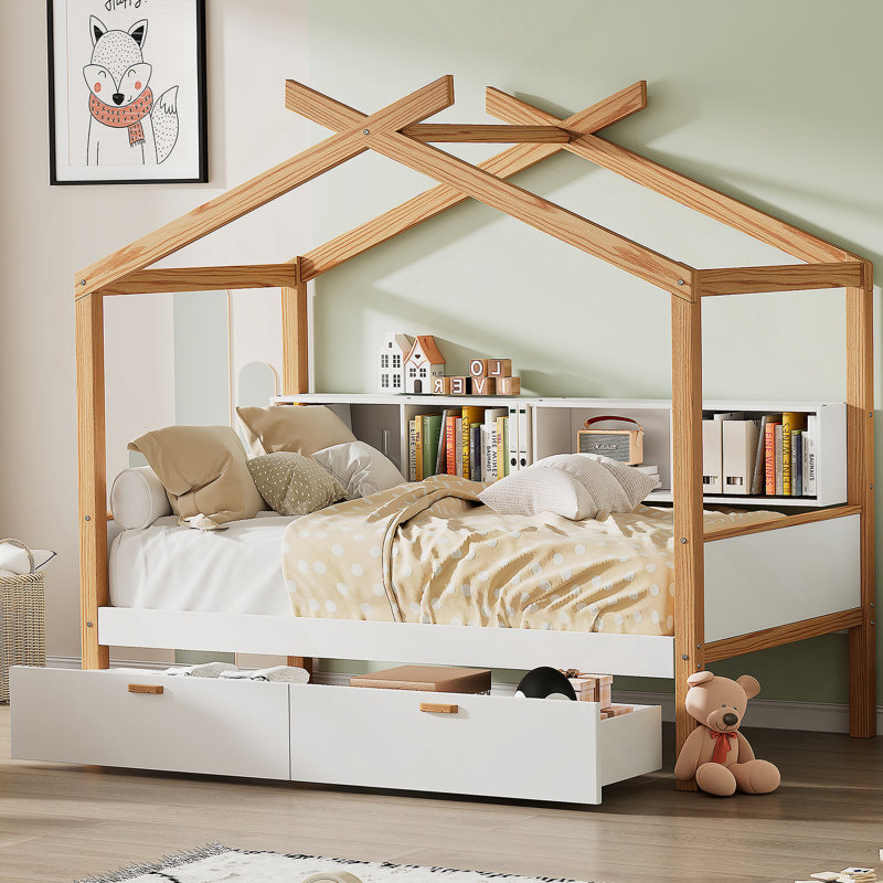 Le lit House avec deux tiroirs et une étagère de rangement, une solution de couchage magique et fonctionnelle pour les chambres d'enfants