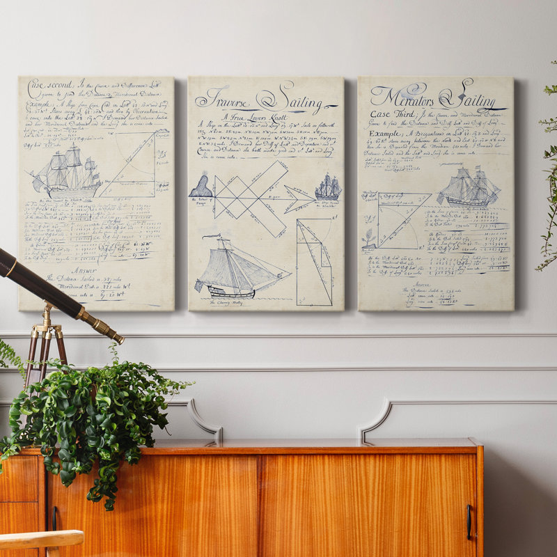Nautical Journal I - ensemble d'art textuel sur toile tendue 3 pièces, H 60 po x l 120 po x P 3 po
