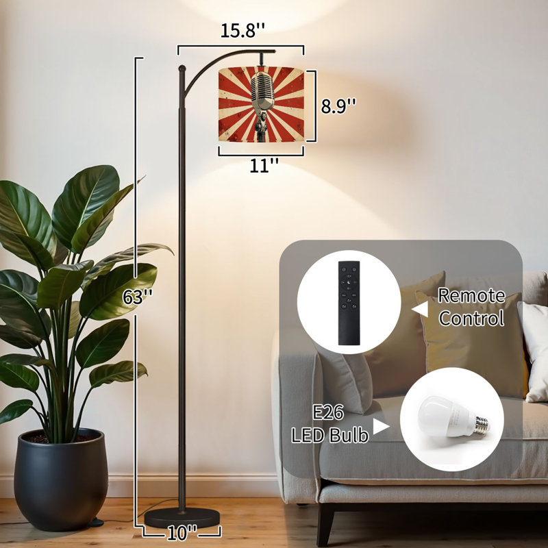 Arc Floor Lamp with Adjustable Lampshade Retro Vintage Microphone Red White Sunburst Standing Lamp 3 Color Temperatures Dimmable Tall Pole Lamp with Foot Switch for Bedroom