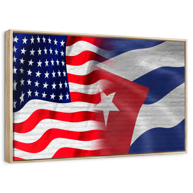 Drapeau américain et cubain, Cadre flottant en bois naturel, 40 po x 27 po