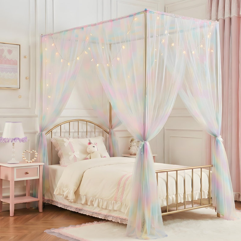 Lit à baldaquin rose avec arc-en-ciel pour filles, 4 rideaux de lit à baldaquin princesse romantique