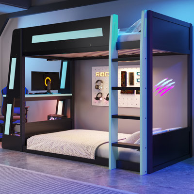 Wooden Gaming Bunk Bed with Desk, 2 Storage Shelves, USB Ports & LED Light, Black
