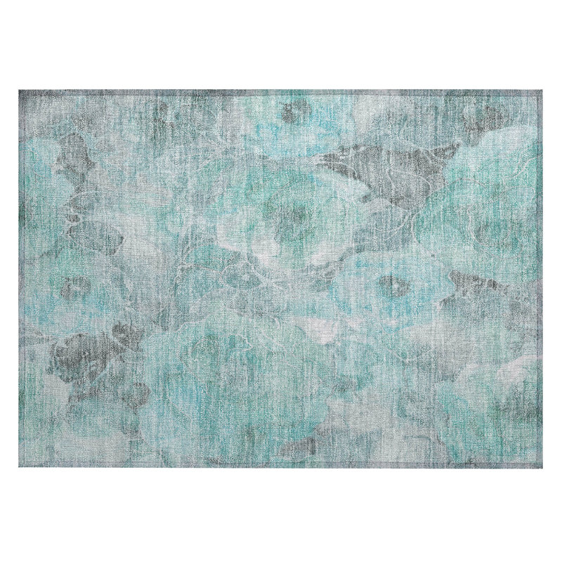 Tapis bleu sarcelle lavable à la machine intérieur / extérieur Xhevrie, Rectangle 1 pi 8 po x 2 pi 6 po