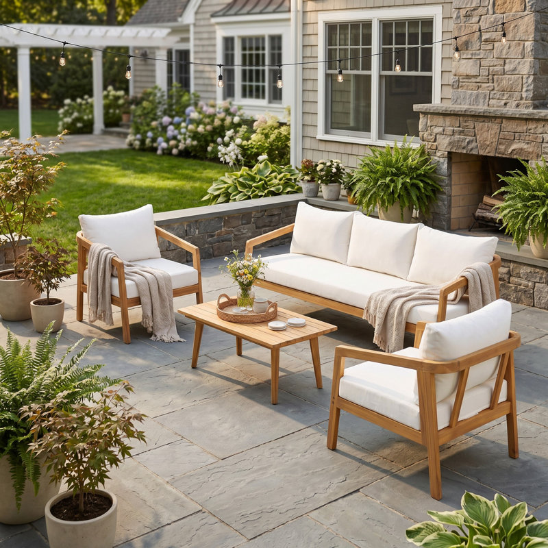 Ensemble de 5 meubles en bois d'acacia, ensemble de conversation avec canapé et table basse pour terrasse, balcon