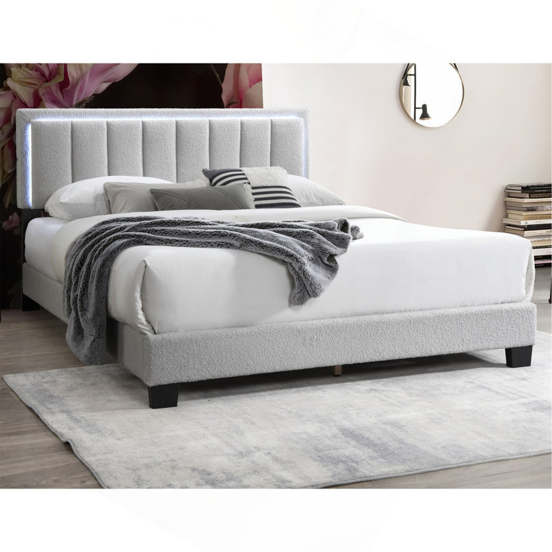 Grand lit rembourré en laine gris avec tête de lit capitonnée et lumières DEL encastrées de style contemporain sans sommier tapissier