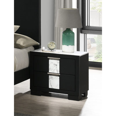 Table de chevet deux tiroirs pour chambre à coucher - Finition noire contemporaine