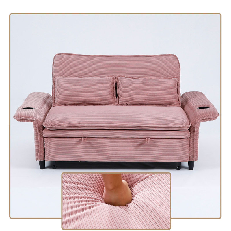 Canapé-lit rembourré en velours côtelé de style moderne avec porte-gobelets et accoudoirs réglables pour petits espaces, Rose