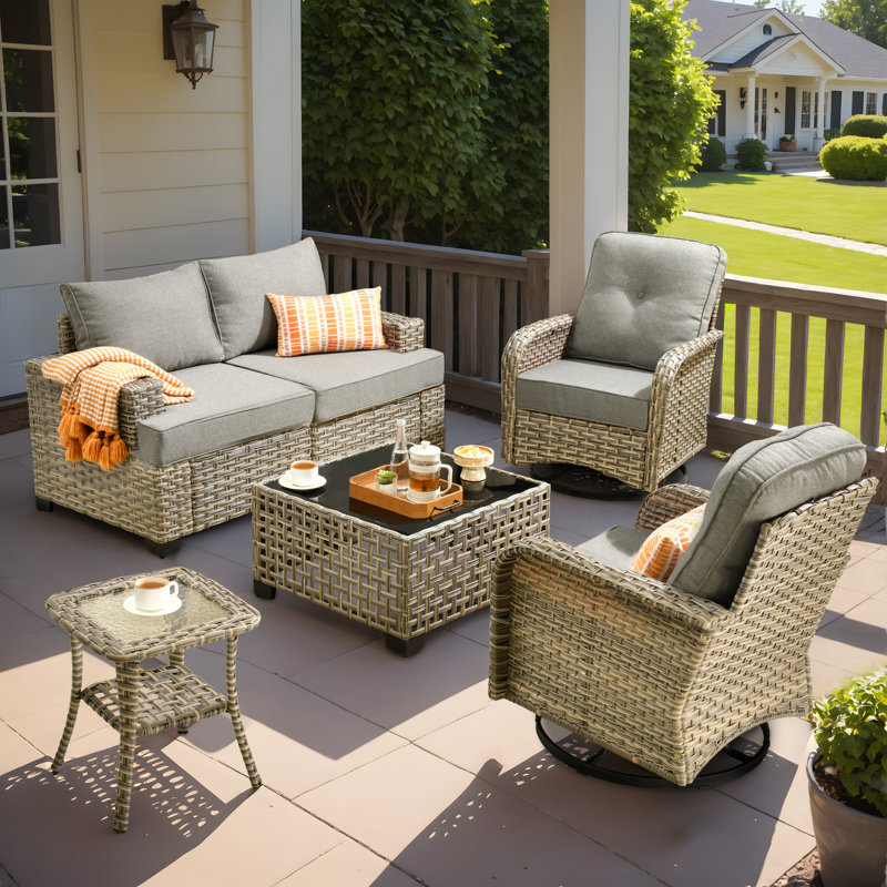 Tommy Outdoor Wicker 4 Person Seating Group With Cushions, Dark Gray