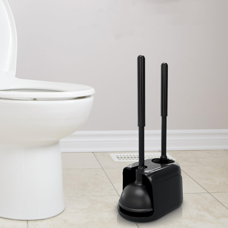 Black Heavy Duty Toilet Brush and Plunger Set with Holder