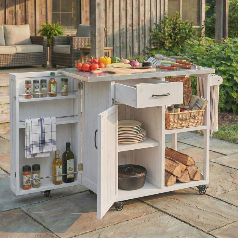 Outdoor Kitchen Island Fir Wood Prep Station Lockable Kitchen Cart with Stainless Top, White