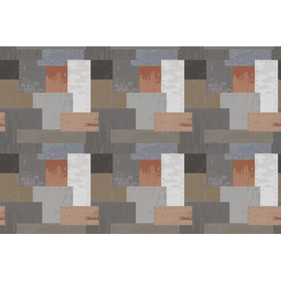 Industrial Patchwork Metal Plate Riveted Gray Brown Rust Geometric Block Repeat Wallpaper