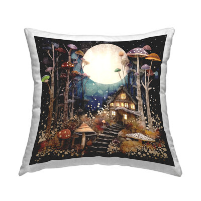 Whimsical Mushroom Cottage Decorative Printed Throw Pillow Design by Sasha