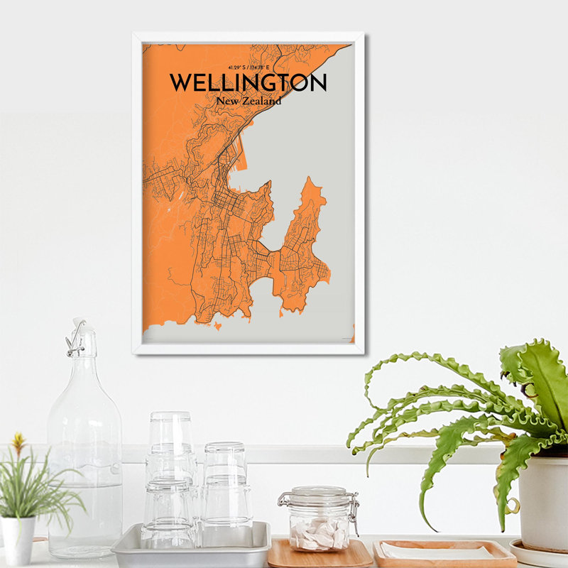 Wellington, carte de la ville, impression, H 27,6 po x l 19,7 po, Orange / gris
