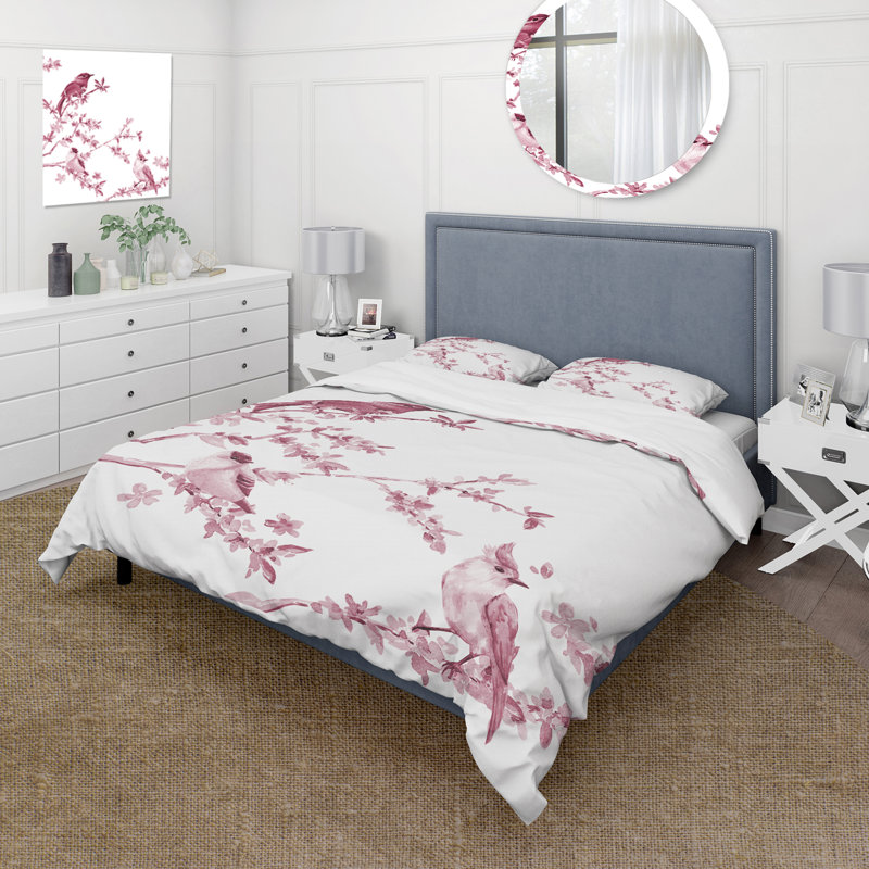Magnifiques oiseaux roses - ensemble de housse de couette traditionnel - microfibre de polyester
