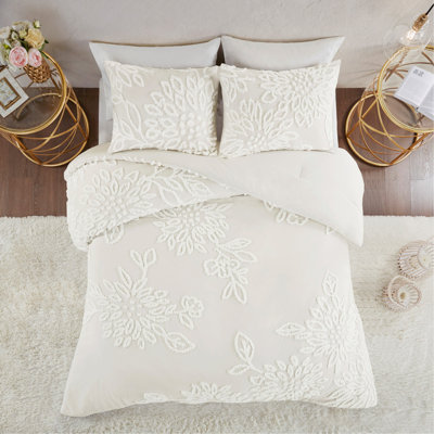 Ensemble d'édredon 3 pièces en chenille de coton capitonné, blanc cassé, double / grand et hypoallergénique
