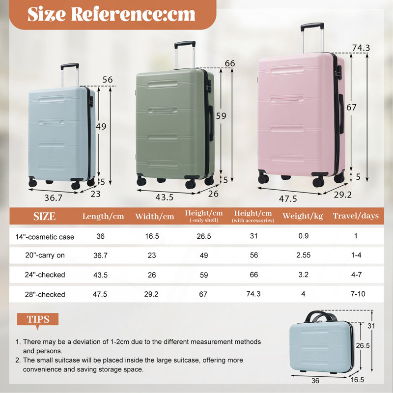 Ensemble de bagage 6 pièces, valise rigide avec double roulettes à poignée verrouillable, étui à cosmétiques 14 po, bagage 20/24/28 po avec sac de voyage et trousse de toilette