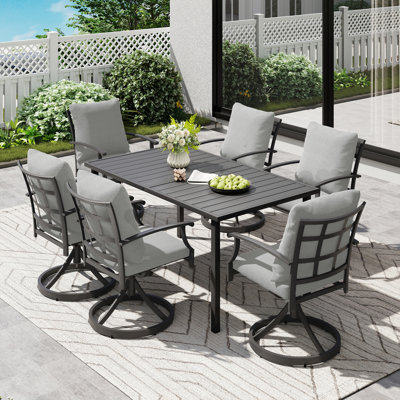 Maynard 7-Piece Black Metal Patio Dining Set With Rectangular Table, 6 Swivel Dining Chairs And Gray Cushions