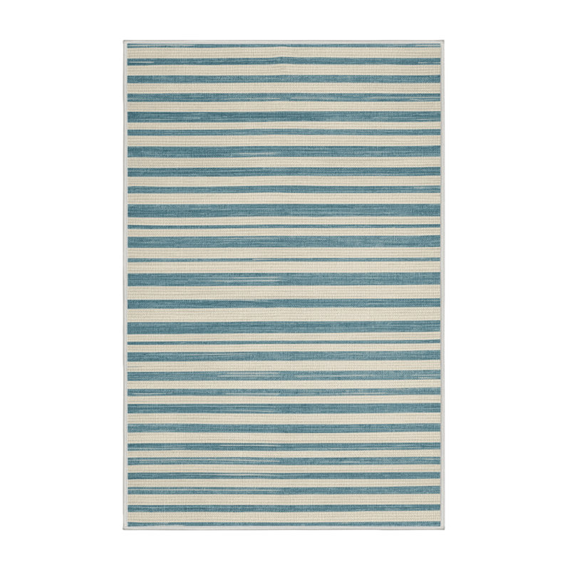 Washable Powder Blue White Striped Area Rug, Rectangle 5' x 7'