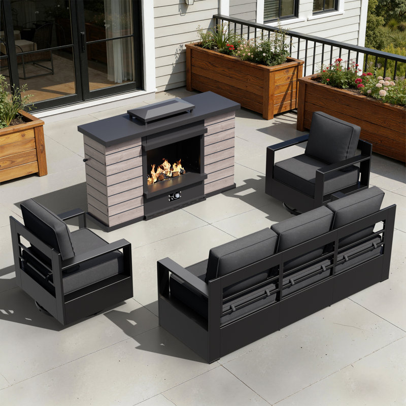5-Piece Outdoor Aluminum Patio Conversation Set with Fire Pit Table, Swivel Chairs, Sofa and Gray Cushions, Gray