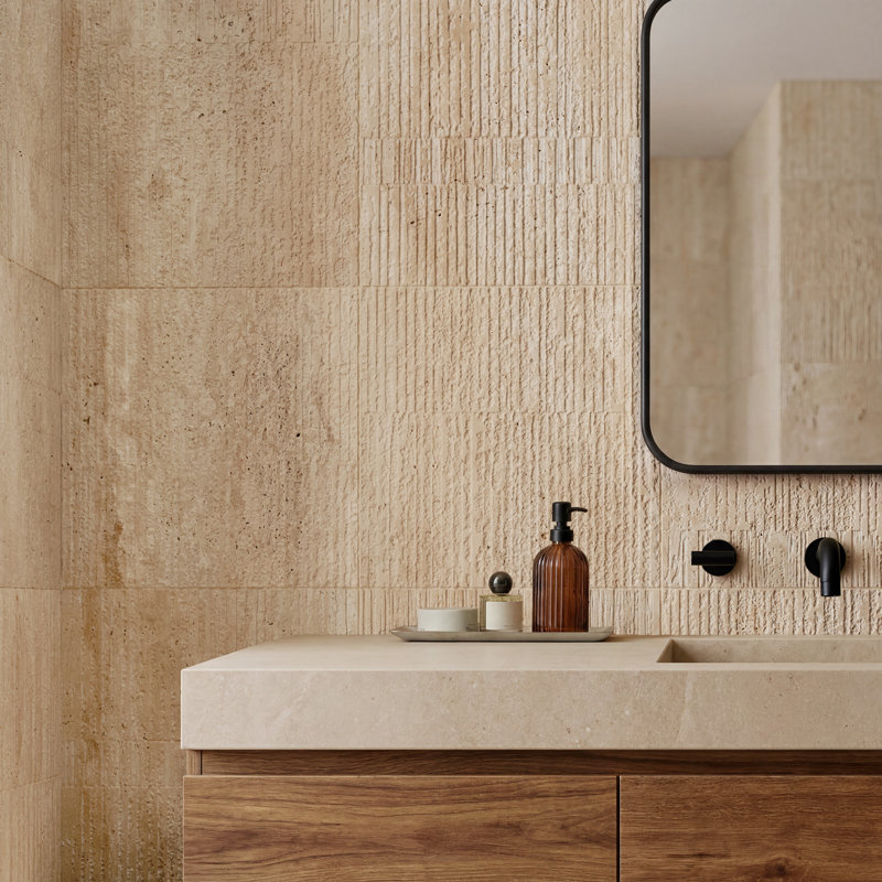 Stretto 16x16 Textured Honed Marble Wall Tile, Cream