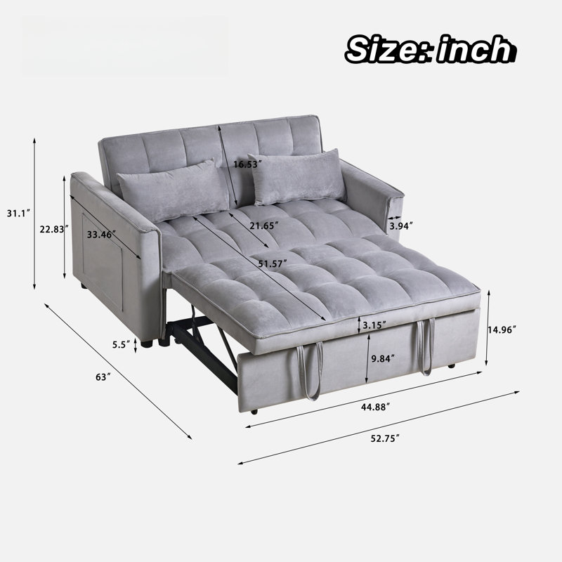 Amelita 53.54'' Velvet Sleeper Sofa, Gray