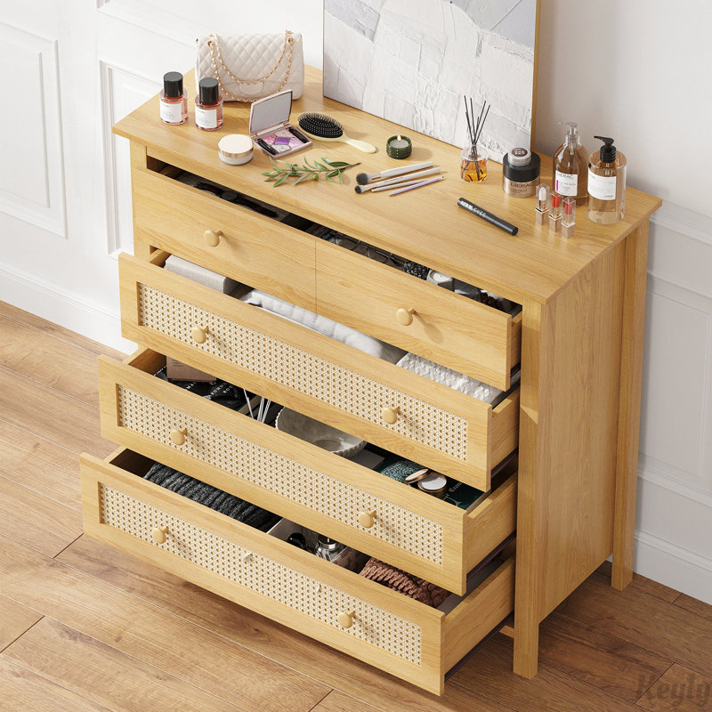Buffet moderne en bois avec 4 tiroirs, grand rangement et éléments en rotin pour une utilisation polyvalente à la maison