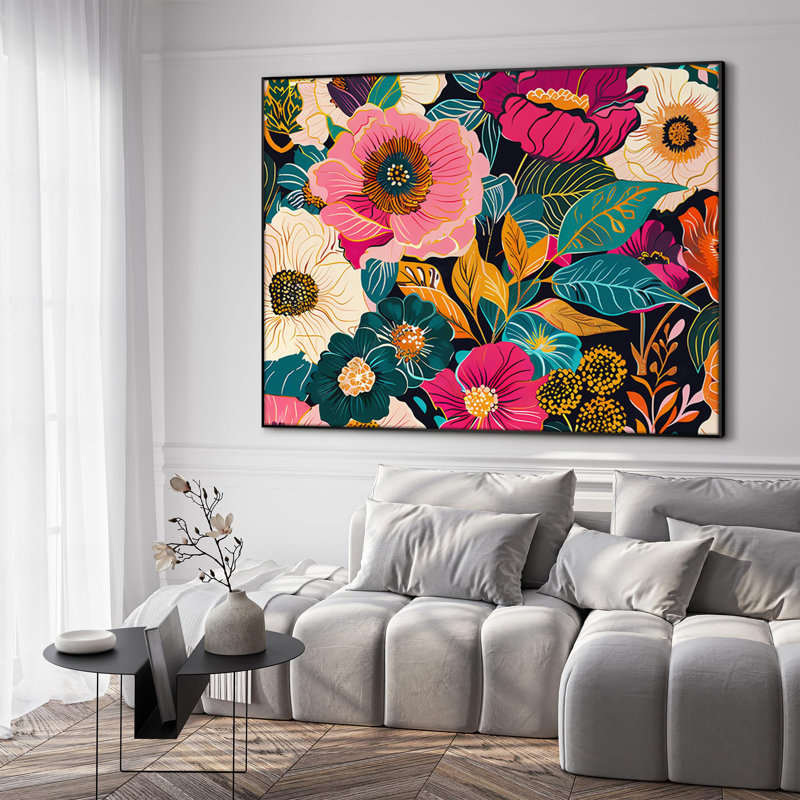 Bold and Colourful Vibrant Floral Pattern Canvas Extra Large Framed Wall Art Print Decor (Framed Assembly Required)