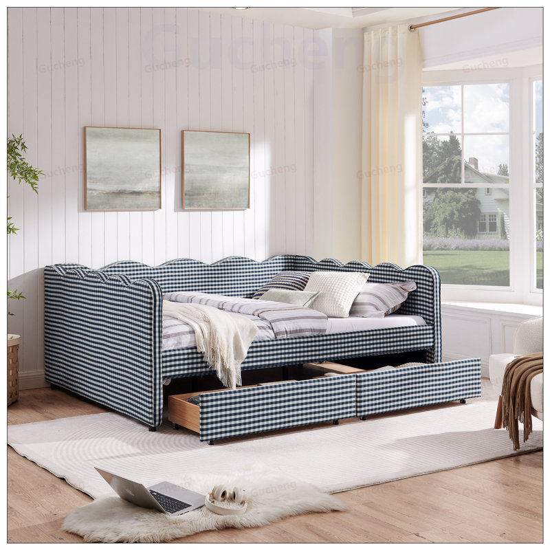 Lit de jour Cozy Gingham avec deux tiroirs de rangement, port USB et adorable tissu en forme de vague, Blue