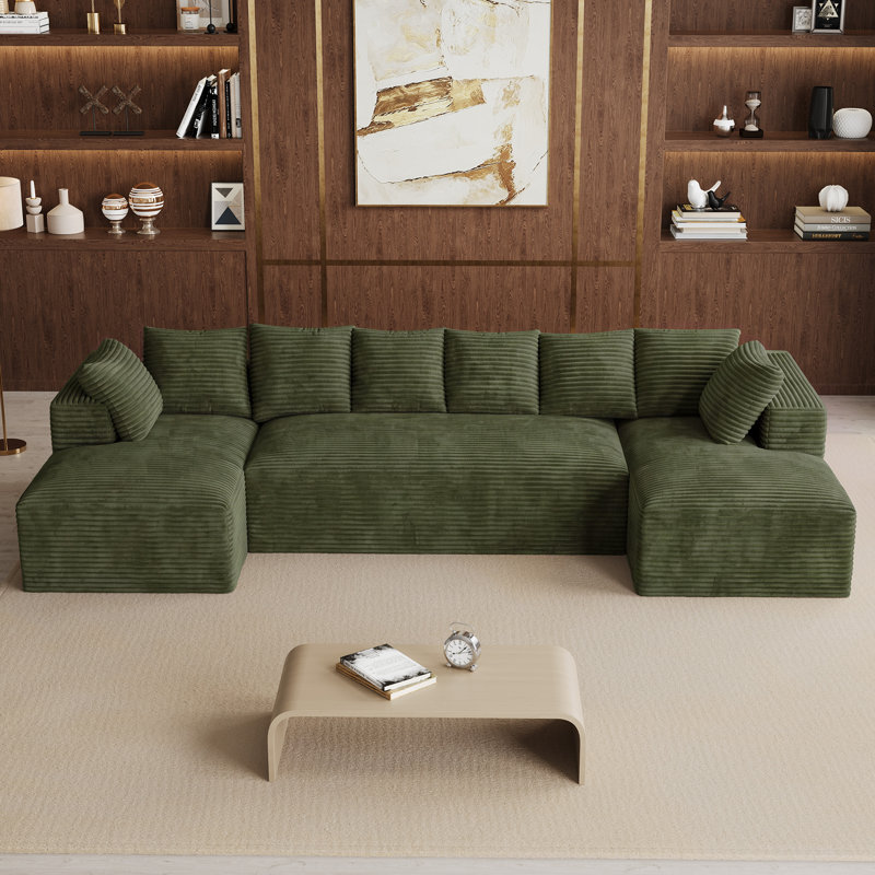 Canapé d'angle surdimensionné sans ossature et à compression de 131 pouces avec coussins, Velours côtelé vert, En form de U